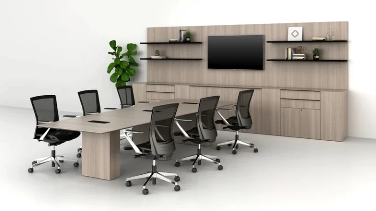 AIS Calibrate conference table with meeting chairs and storage