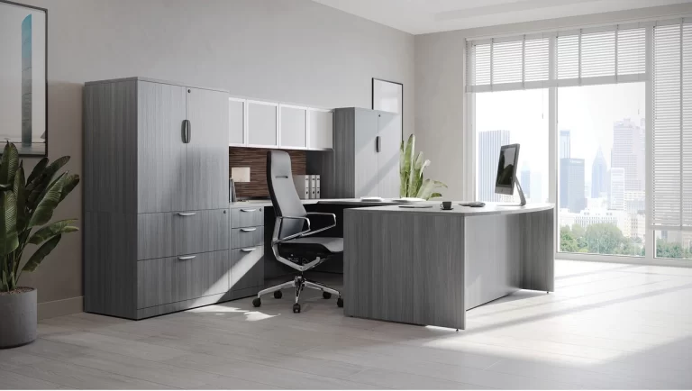 Private-office desk and storage arrangement
