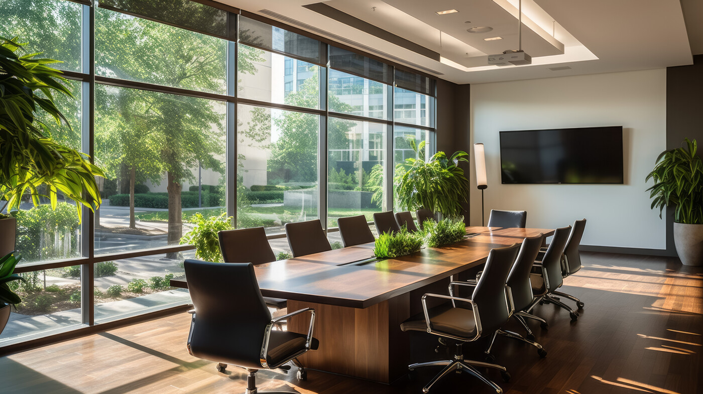 interior of modern eco design office meeting room with panoramic windows. concept of green industry and environment protection